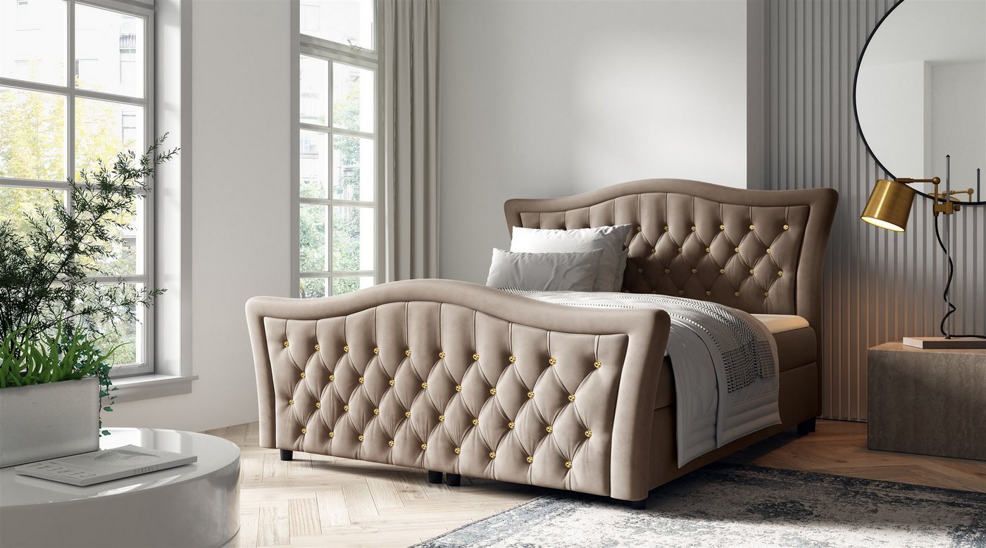 Fun Möbel Boxbett Schlafzimmerbett TURHAN in Stoff Elisa Velvet (inkl. Topper und Bettkasten), Kopfteil und Fußteil mit Strasssteinen besetzt von Fun Möbel