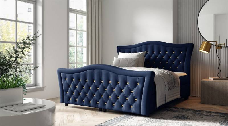 Fun Möbel Boxbett Schlafzimmerbett TURHAN in Stoff Elisa Velvet (inkl. Topper und Bettkasten), Kopfteil und Fußteil mit Strasssteinen besetzt von Fun Möbel