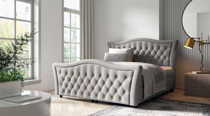 Fun Möbel Boxbett Schlafzimmerbett TURHAN in Stoff Elisa Velvet (inkl. Topper und Bettkasten), Kopfteil und Fußteil mit Strasssteinen besetzt von Fun Möbel