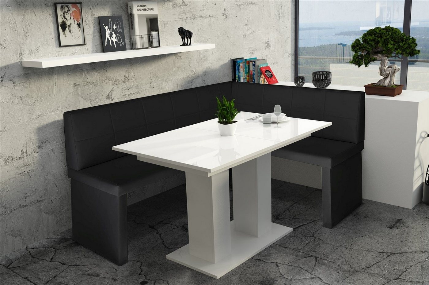 Fun Möbel Eckbankgruppe Eckbankgruppe „Robin XL“ Kunstleder 196x142cm mit Tisch Weiß Hochglanz, ausziehbarer Tisch von Fun Möbel