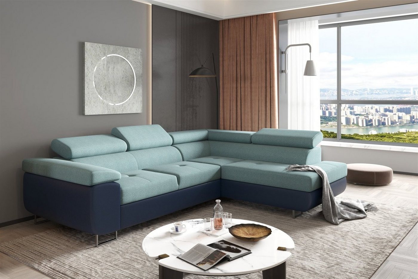 Fun Möbel Ecksofa Couchgarnitur JADE Blau-Meeresgrün Ottomane Rechts oder Links, 1 Teile, mit Schlaffunktion von Fun Möbel