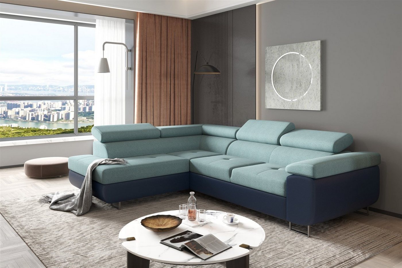 Fun Möbel Ecksofa Couchgarnitur JADE Blau-Meeresgrün Ottomane Rechts oder Links, 1 Teile, mit Schlaffunktion von Fun Möbel