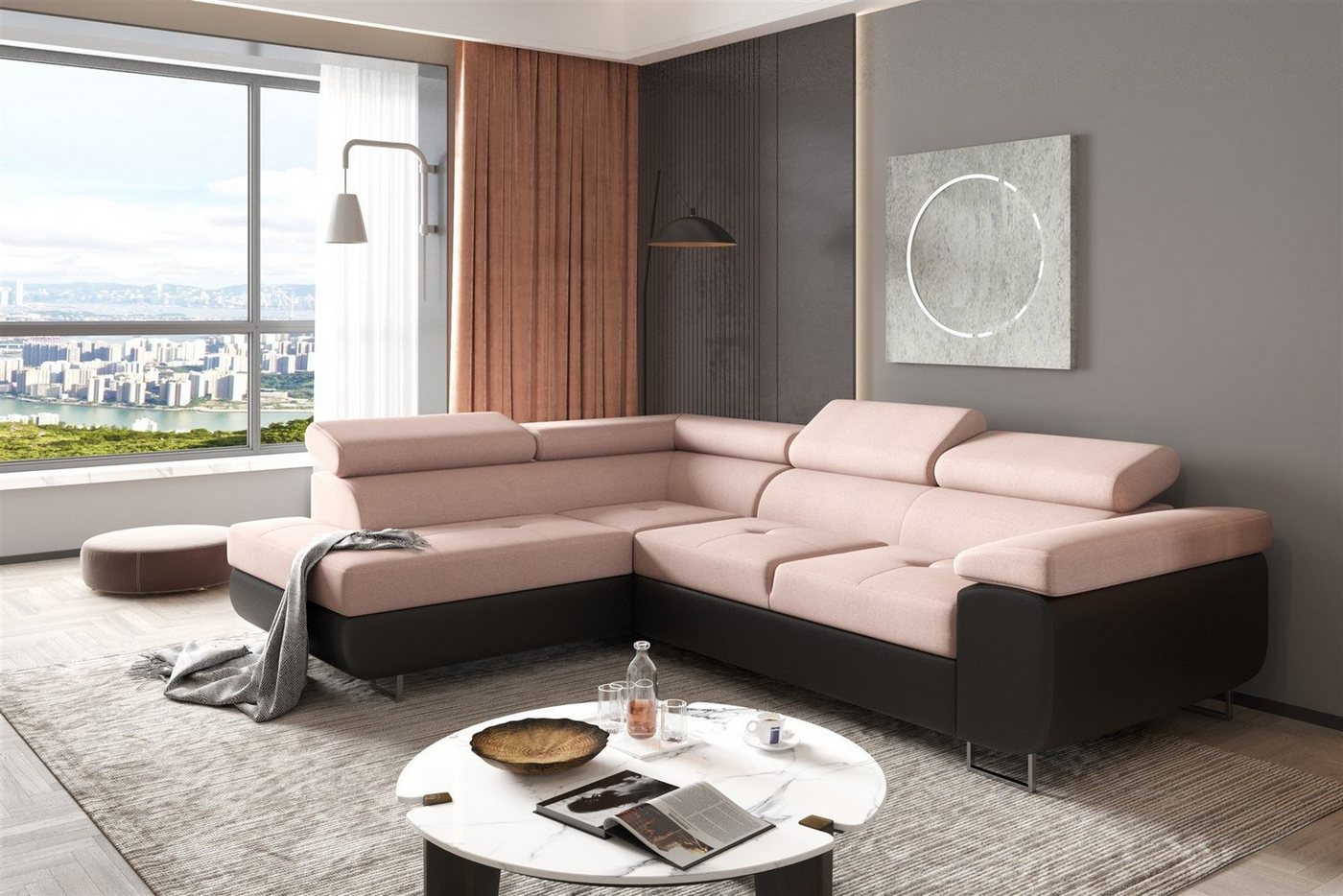 Fun Möbel Ecksofa Couchgarnitur JADE Schwarz-Beige Ottomane Rechts oder Links, mit Schlaffunktion von Fun Möbel
