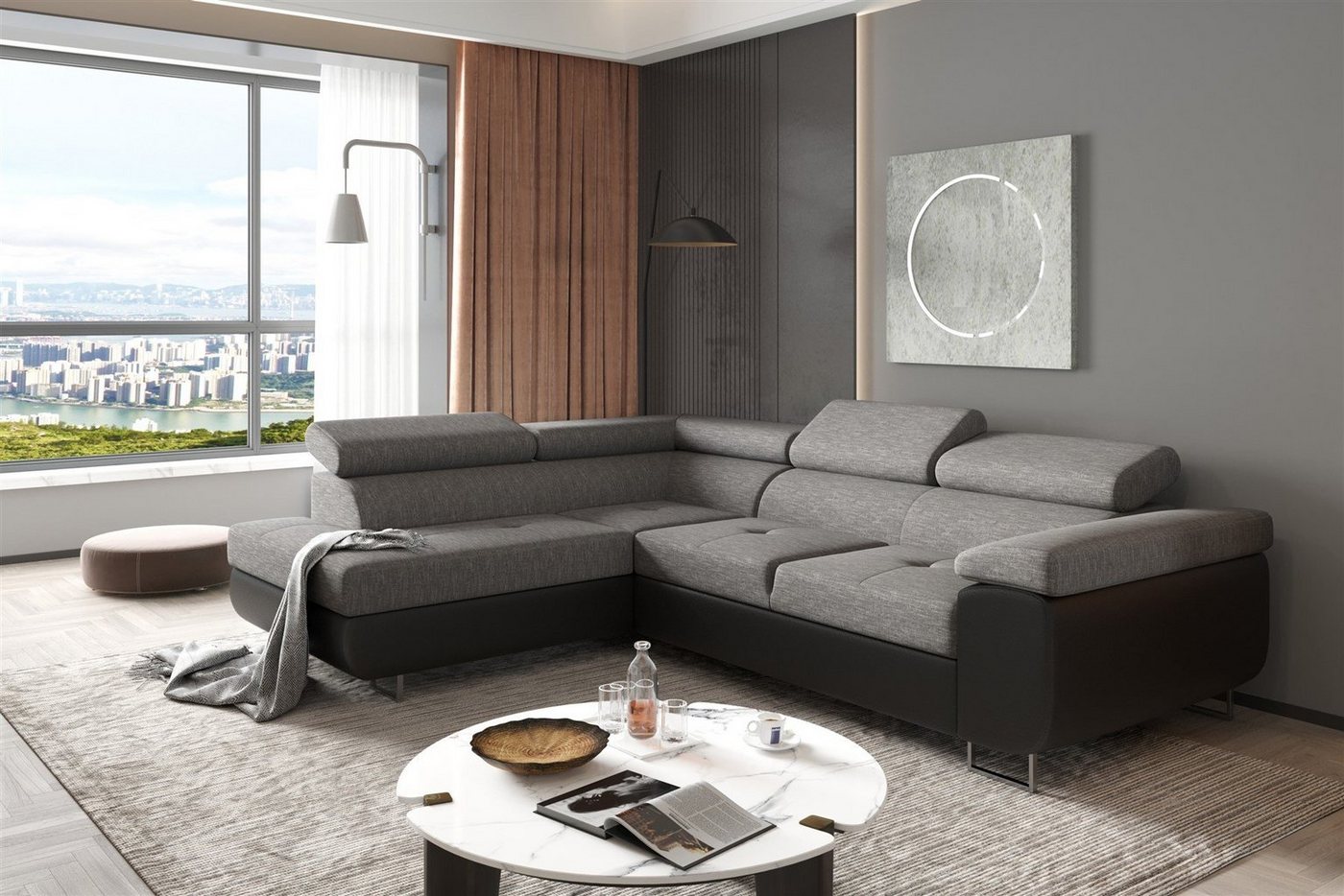 Fun Möbel Ecksofa Couchgarnitur JADE Schwarz-Grau Schlaffunktion Ottomane Rechts Links, 1 Teile, mit Schlaffunktion von Fun Möbel