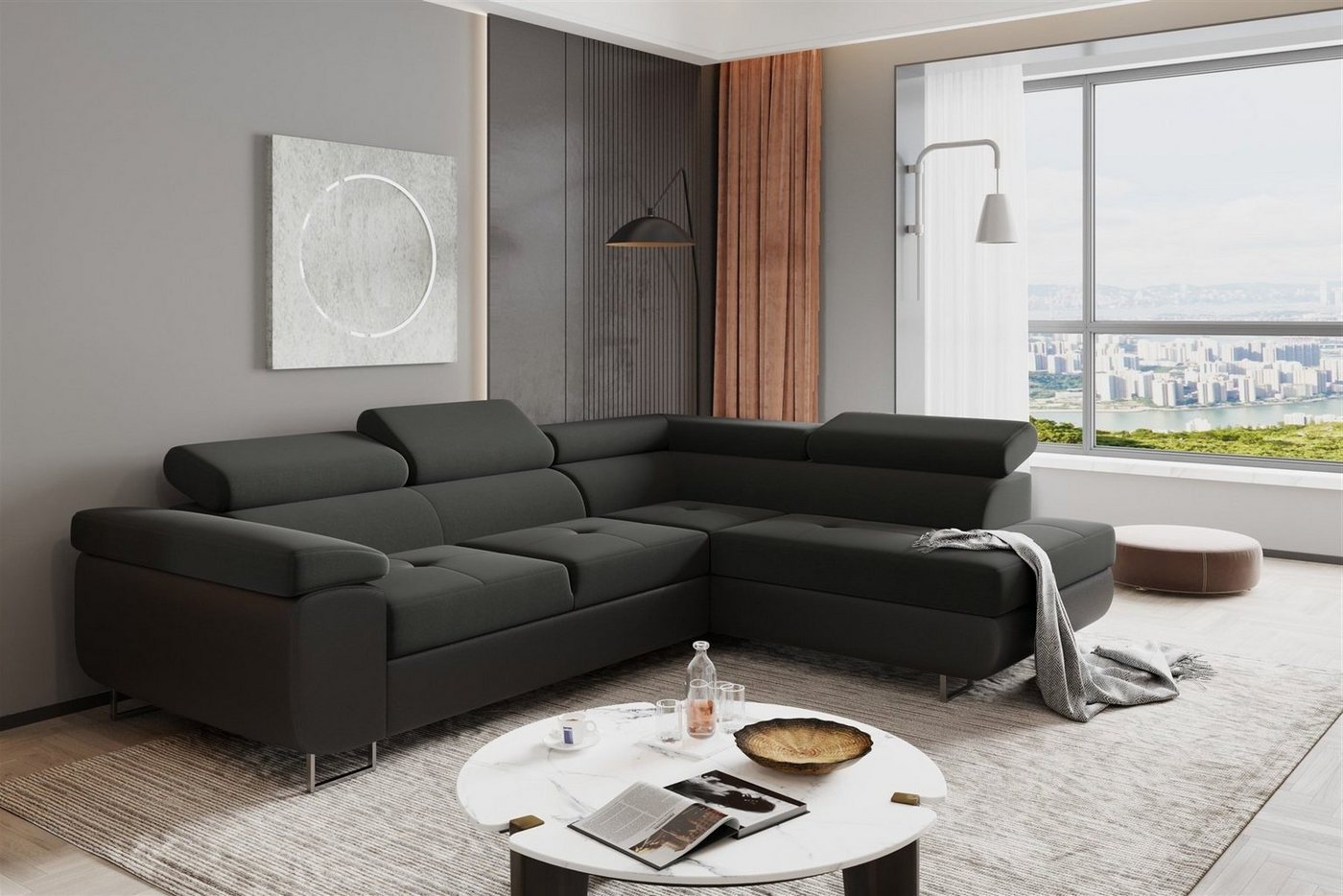 Fun Möbel Ecksofa Couchgarnitur JADE Schwarz Ottomane Rechts oder Links, 1 Teile, mit Schlaffunktion von Fun Möbel