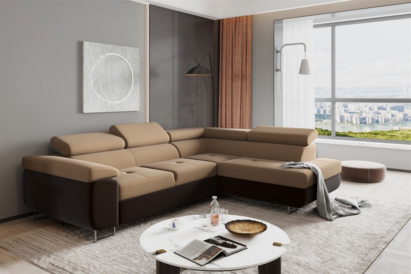 Fun Möbel Ecksofa Couchgarnitur JADE Stoff Dunkelbraun-Cappuccino Schlaffunktion, 1 Teile, mit Schlaffunktion von Fun Möbel