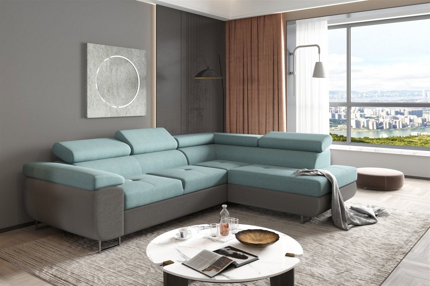Fun Möbel Ecksofa Couchgarnitur JADE Stoff Dunkelgrau-Meeresgrün Schlaffunktion Ottomane, NA 1 Teile, mit Schlaffunktion von Fun Möbel