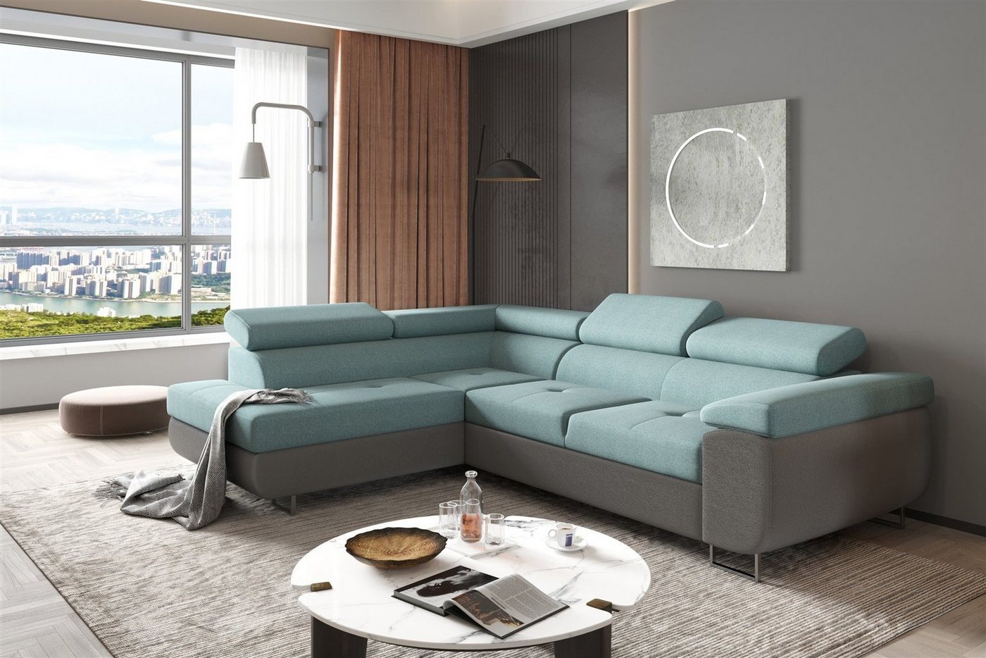 Fun Möbel Ecksofa Couchgarnitur JADE Stoff Dunkelgrau-Meeresgrün Schlaffunktion Ottomane, NA 1 Teile, mit Schlaffunktion von Fun Möbel