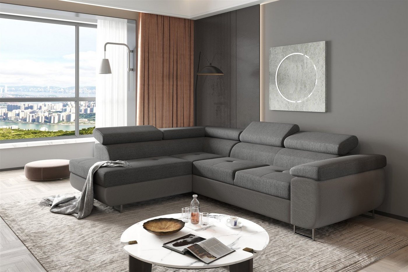 Fun Möbel Ecksofa Couchgarnitur JADE Stoff Dunkelgrau Schlaffunktion Ottomane, NA 1 Teile, mit Schlaffunktion von Fun Möbel