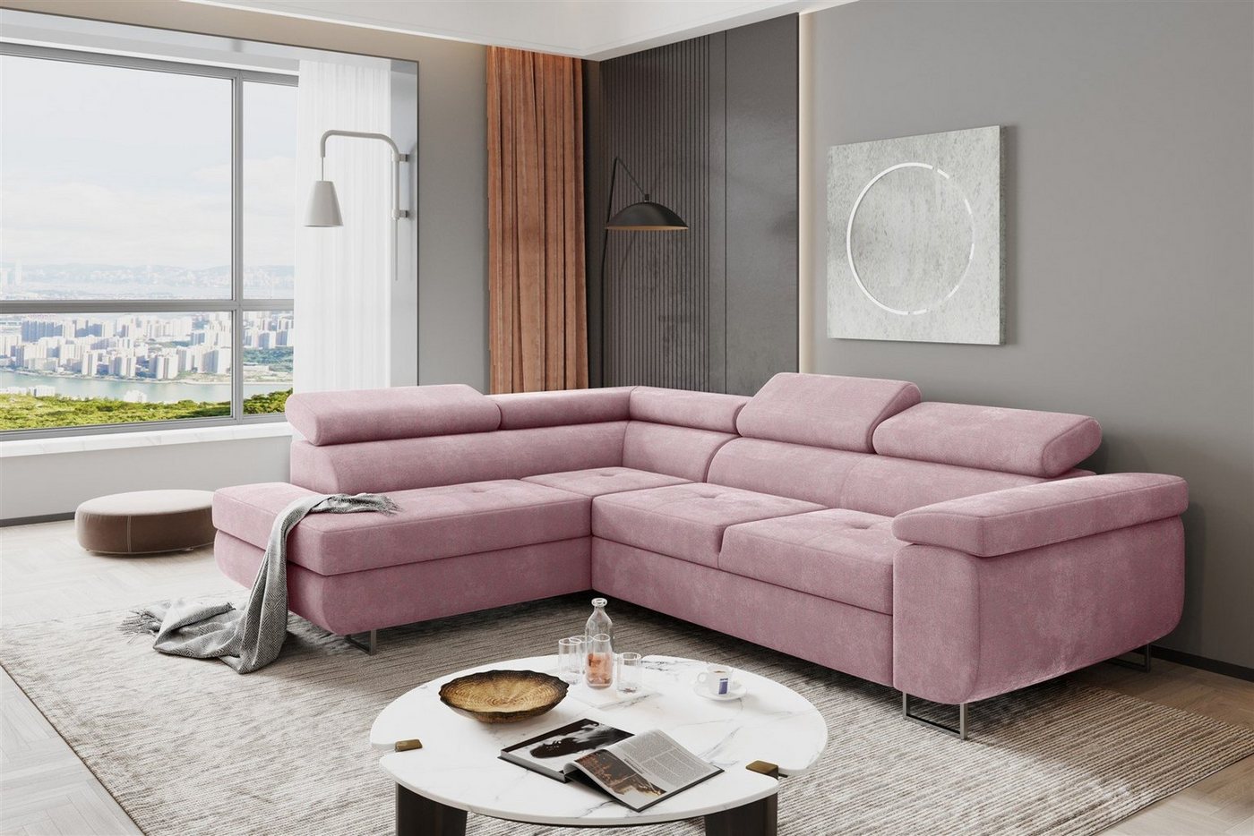 Fun Möbel Ecksofa Couchgarnitur JADE Stoff Rosa Schlaffunktion Ottomane Rechts Links, 1 Teile, mit Schlaffunktion von Fun Möbel