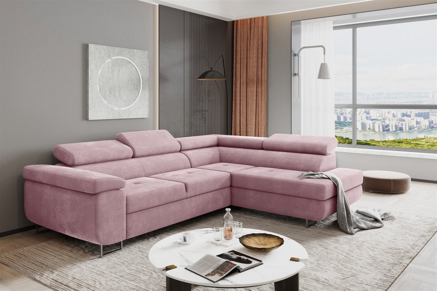 Fun Möbel Ecksofa Couchgarnitur JADE Stoff Rosa Schlaffunktion Ottomane Rechts Links, 1 Teile, mit Schlaffunktion von Fun Möbel