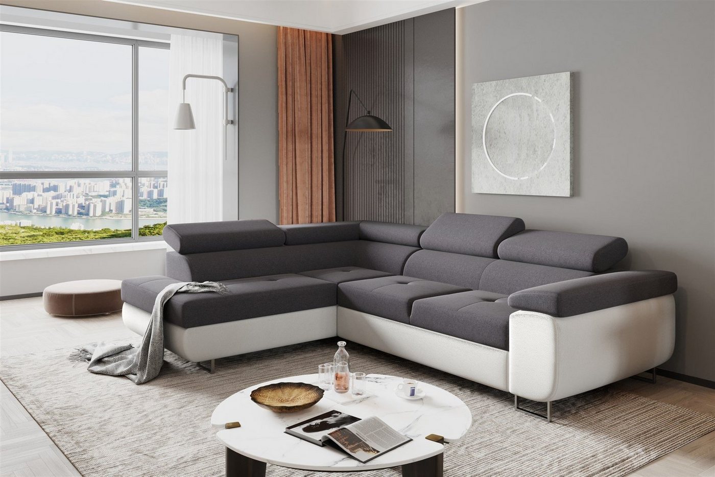 Fun Möbel Ecksofa Couchgarnitur JADE Weiß-Dunkelgrau Schlaffunktion Ottomane, 1 Teile, mit Schlaffunktion von Fun Möbel