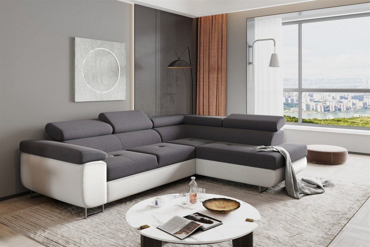 Fun Möbel Ecksofa Couchgarnitur JADE Weiß-Dunkelgrau Schlaffunktion Ottomane, 1 Teile, mit Schlaffunktion von Fun Möbel