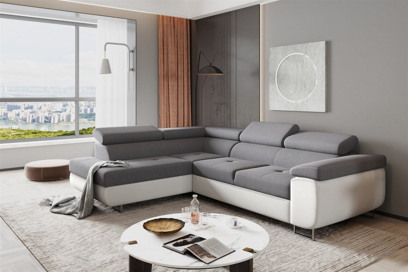 Fun Möbel Ecksofa Couchgarnitur JADE Weiß-Grau Schlaffunktion Ottomane Rechts Links, 1 Teile, mit Schlaffunktion von Fun Möbel