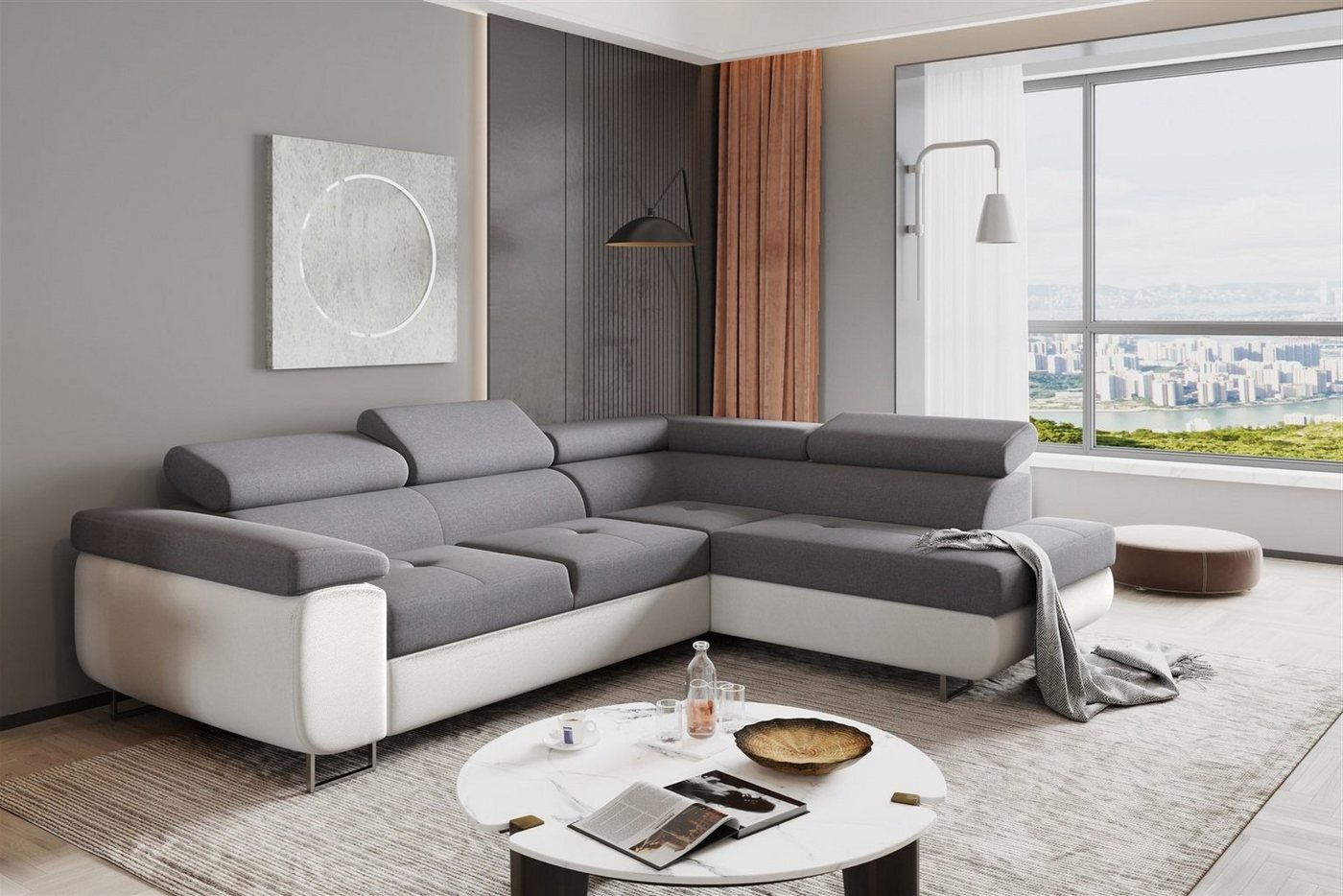 Fun Möbel Ecksofa Couchgarnitur JADE Weiß-Grau Schlaffunktion Ottomane Rechts Links, 1 Teile, mit Schlaffunktion von Fun Möbel