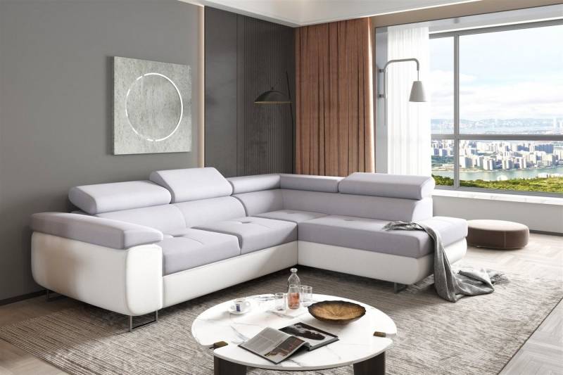 Fun Möbel Ecksofa Couchgarnitur JADE Weiß-Hellgrau Schlaffunktion Ottomane Rechts Links, 1 Teile, mit Schlaffunktion von Fun Möbel