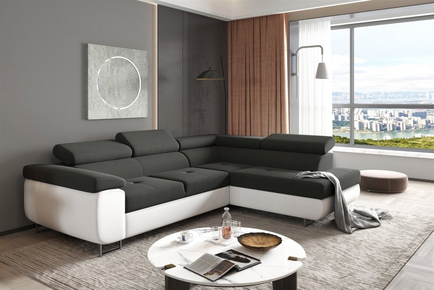 Fun Möbel Ecksofa Couchgarnitur JADE Weiß-Schwarz Schlaffunktion Ottomane Rechts Links, 1 Teile, mit Schlaffunktion von Fun Möbel