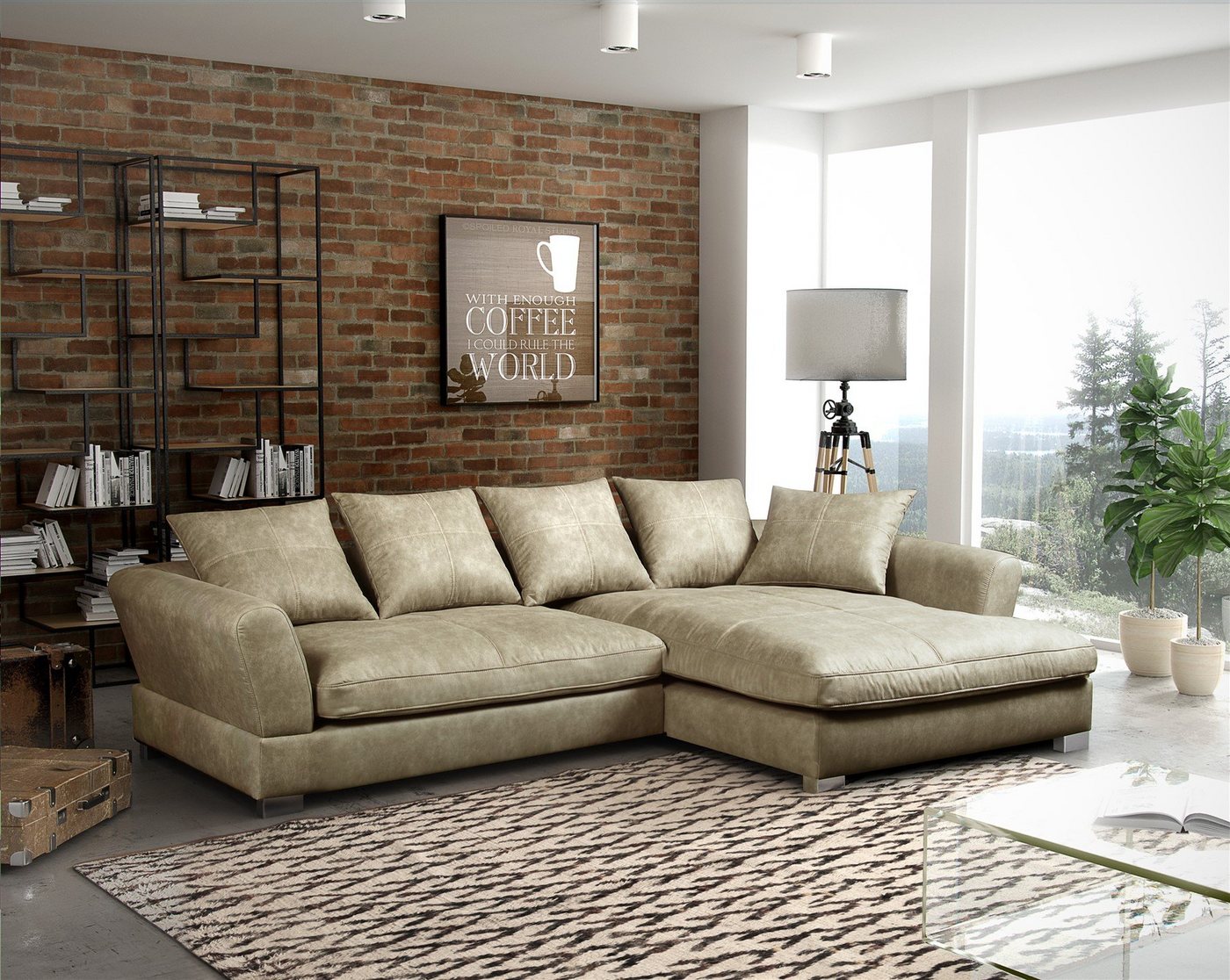 Fun Möbel Ecksofa Couchgarnitur TIZIAN L-Form in Wildlederoptik-Beige / Ottomane, N/A 1 Teile, 5 x Rückenkissen von Fun Möbel