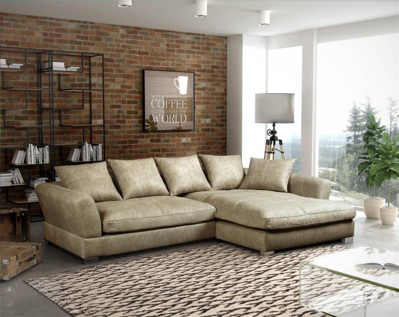 Fun Möbel Ecksofa Couchgarnitur TIZIAN L-Form in Wildlederoptik-Beige / Ottomane, N/A 1 Teile, 5 x Rückenkissen von Fun Möbel