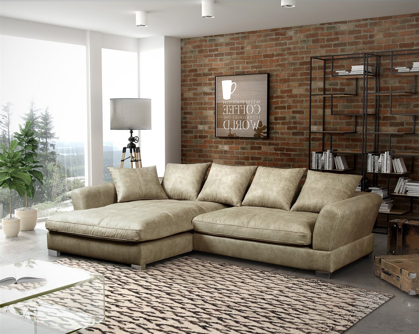 Fun Möbel Ecksofa Couchgarnitur TIZIAN L-Form in Wildlederoptik-Beige / Ottomane, N/A 1 Teile, 5 x Rückenkissen von Fun Möbel