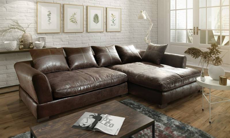 Fun Möbel Ecksofa Couchgarnitur TIZIAN L-Form in Wildlederoptik-Dunkelbraun / Ottomane, N/A 1 Teile, 5 x Rückenkissen von Fun Möbel
