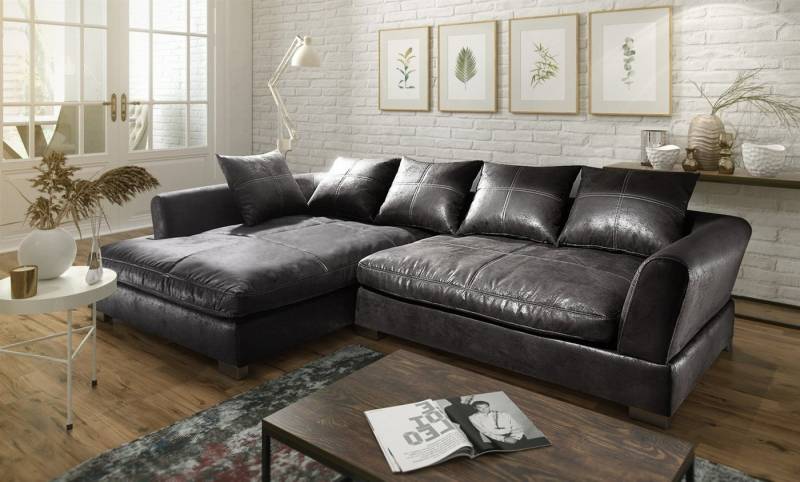 Fun Möbel Ecksofa Couchgarnitur TIZIAN L-Form in Wildlederoptik-Schwarz / Ottomane, N/A 1 Teile, 5 x Rückenkissen von Fun Möbel