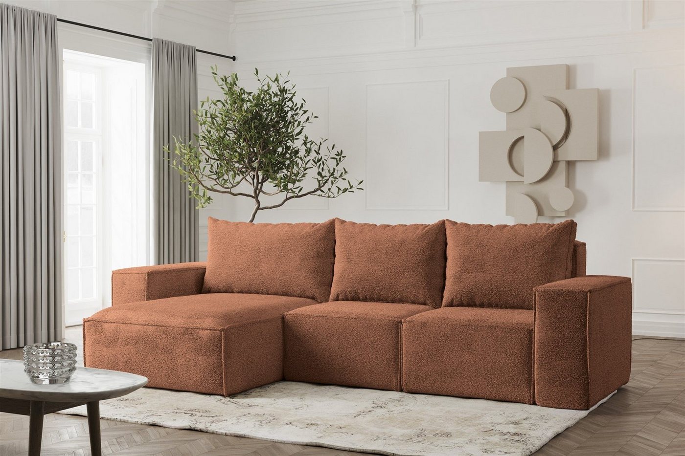 Fun Möbel Ecksofa Designerecksofa ESTELLE in Stoff, Ottomane Links oder Rechts, Rücken echt bezogen von Fun Möbel