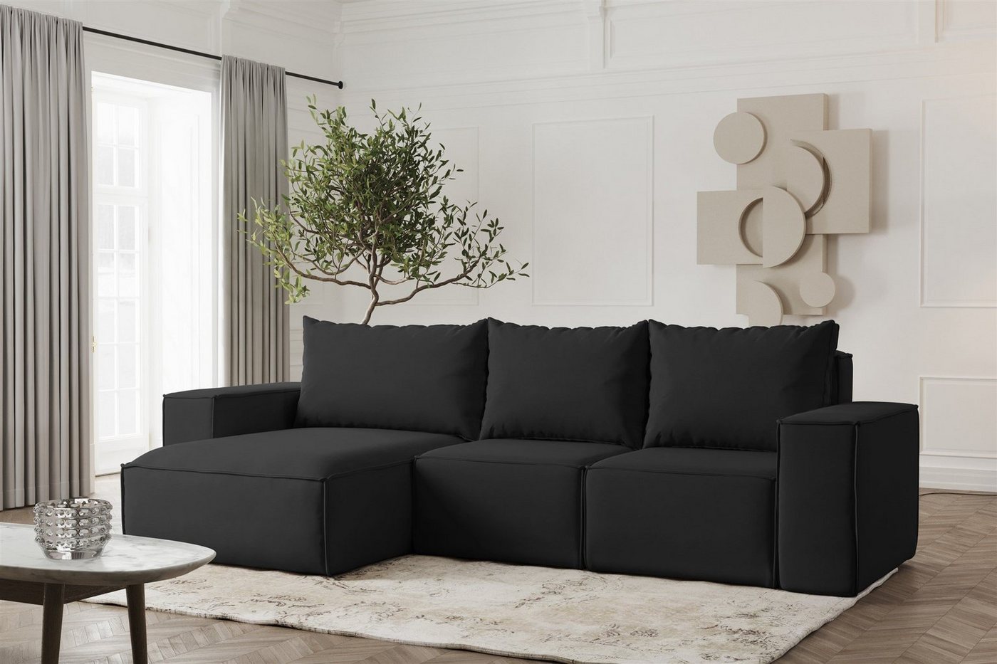 Fun Möbel Ecksofa Designerecksofa ESTELLE in Stoff, Ottomane Links oder Rechts, Rücken echt bezogen von Fun Möbel