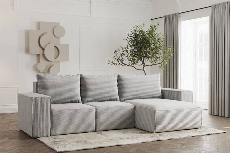 Fun Möbel Ecksofa Designerecksofa Sofa ESTELLE, Sofa-Rücken echt bezogen, Stoff: Poso, Abriamo oder Opera Velvet von Fun Möbel