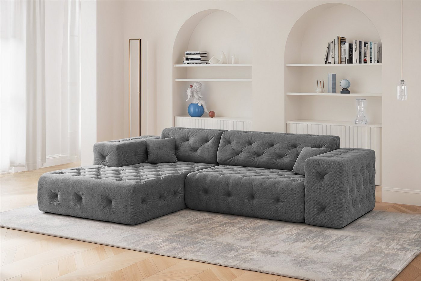 Fun Möbel Ecksofa Designersofa FUN ESTEBAN mit Ottomane in Stoff Moly, inkl. 2 Zierkissen, Ottomane Links oder Rechts von Fun Möbel