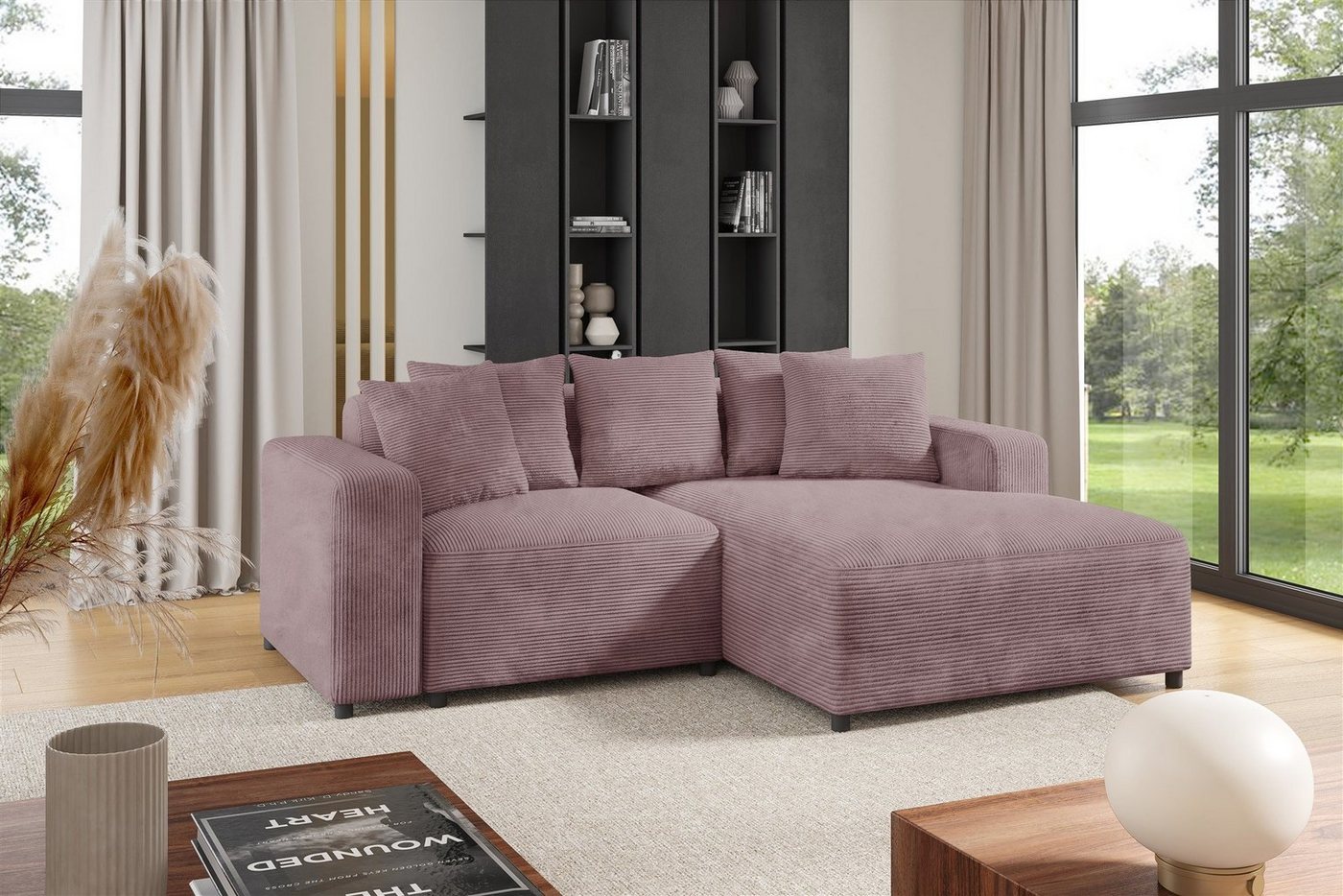 Fun Möbel Ecksofa Designersofa MEGAN XS in Stoff Poso, inkl. 5 Zierkissen, Rücken echt bezogen, Ottomane Links oder Rechts von Fun Möbel