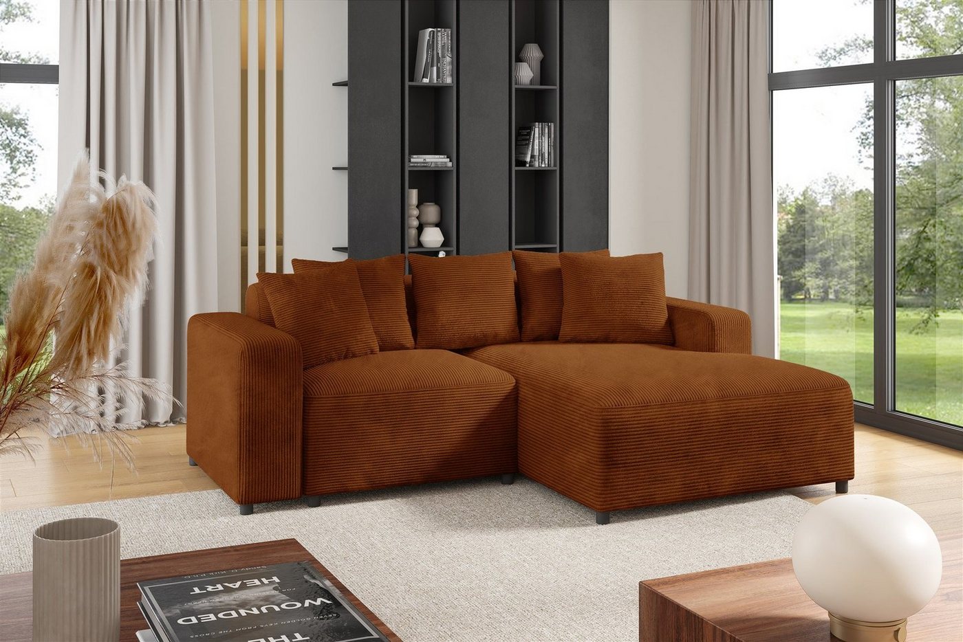 Fun Möbel Ecksofa Designersofa MEGAN XS in Stoff Poso, inkl. 5 Zierkissen, Rücken echt bezogen, Ottomane Links oder Rechts von Fun Möbel