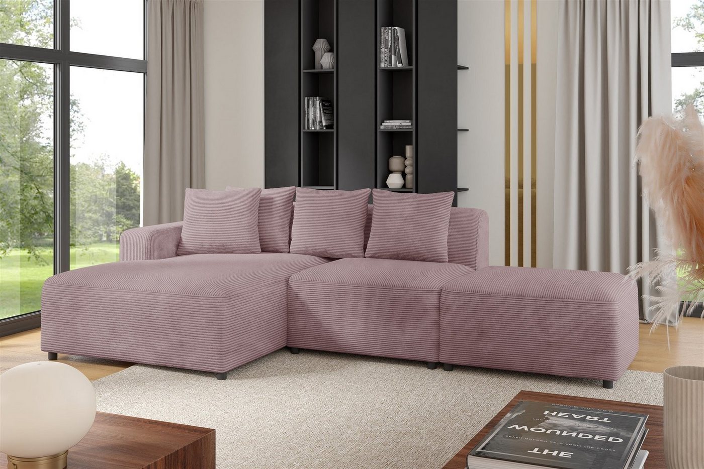 Fun Möbel Ecksofa Designersofa MEGAN XS inkl. Hocker in Stoff Poso, inkl. 4 Zierkissen, Rücken echt bezogen, Ottomane Links oder Rechts von Fun Möbel