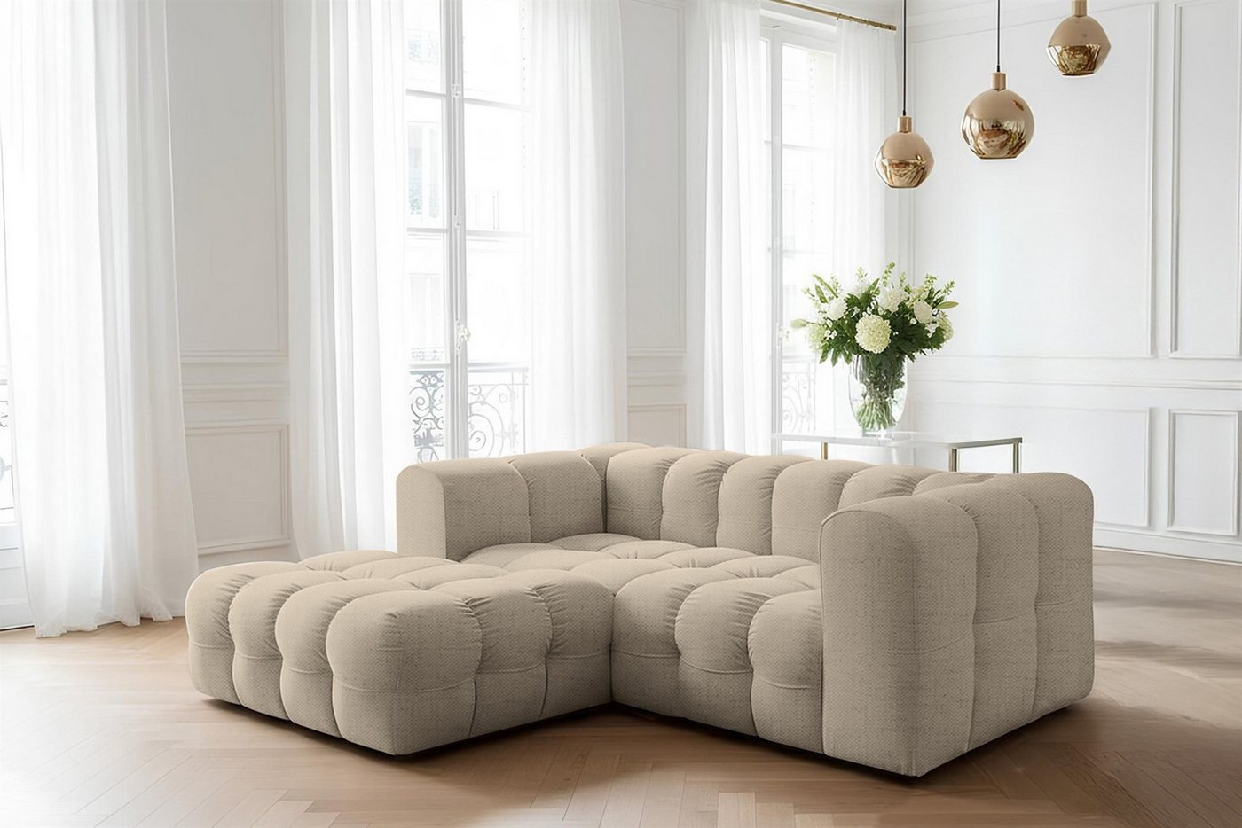 Fun Möbel Ecksofa Designersofa SOLVIE XS (239cm), Stoff Moly oder Tiffani, Sofa-Rücken echt bezogen von Fun Möbel