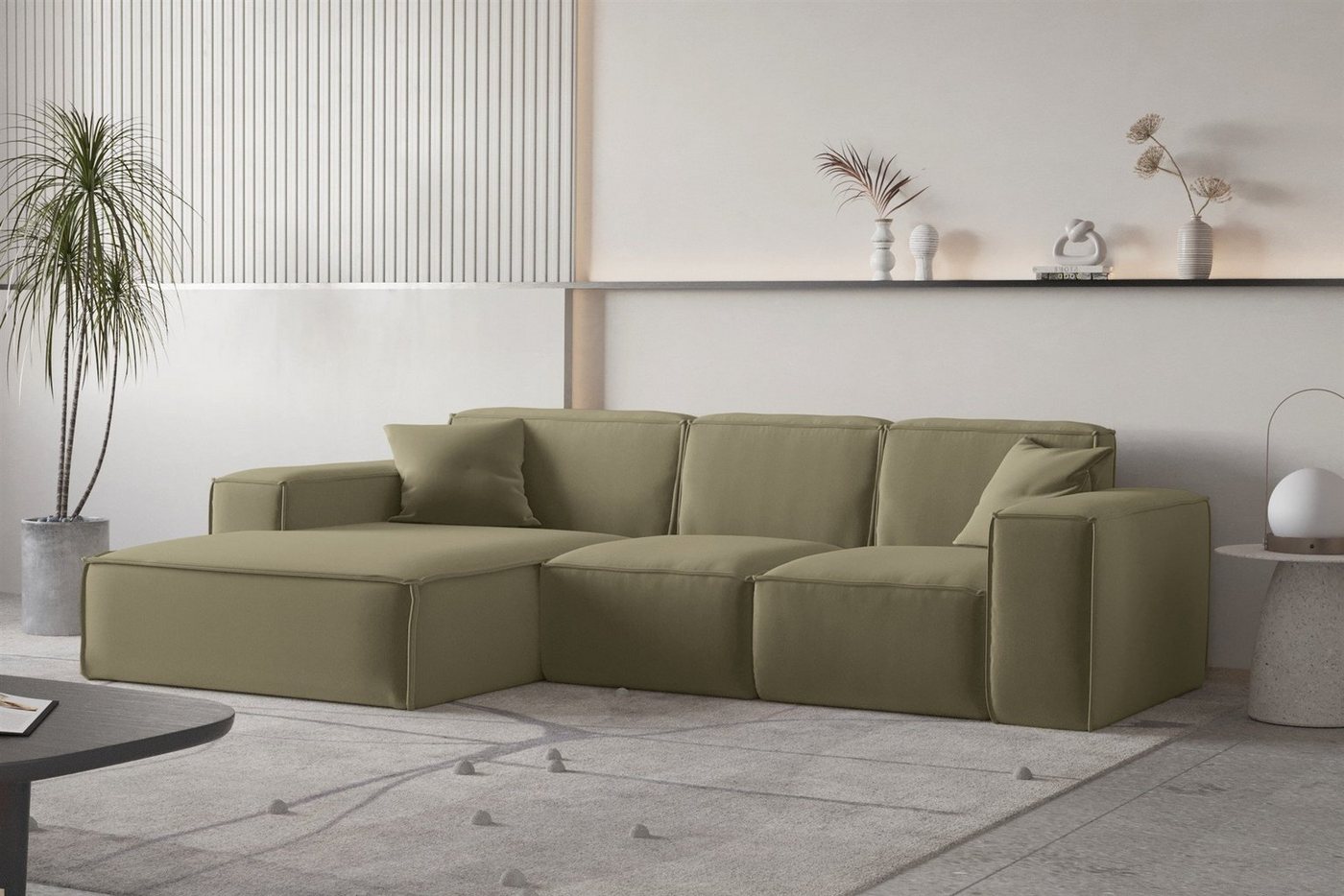 Fun Möbel Ecksofa Ecksofa Designersofa CELES PREMIUM Ottomane Rechts oder Links in Stoff, inkl. 2 Zierkissen von Fun Möbel