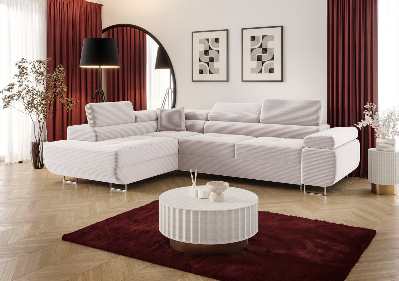 Fun Möbel Ecksofa Schlafsofa MONARO mit Ottomane in Stoff, Bettkasten, Kopfstützen verstellbar von Fun Möbel