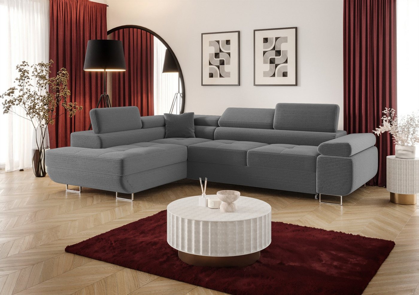 Fun Möbel Ecksofa Schlafsofa MONARO mit Ottomane in Stoff, Bettkasten, Kopfstützen verstellbar von Fun Möbel