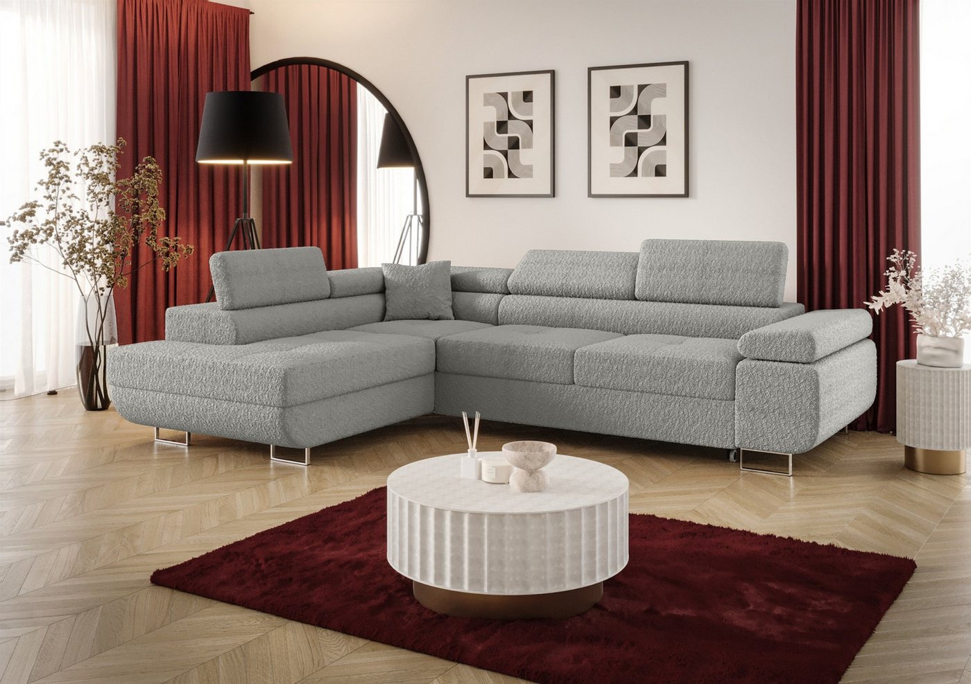 Fun Möbel Ecksofa Schlafsofa MONARO mit Ottomane in Stoff, Bettkasten, Kopfstützen verstellbar von Fun Möbel