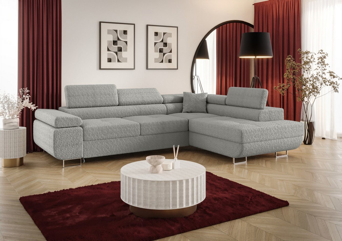 Fun Möbel Ecksofa Schlafsofa MONARO mit Ottomane in Stoff, Bettkasten, Kopfstützen verstellbar von Fun Möbel