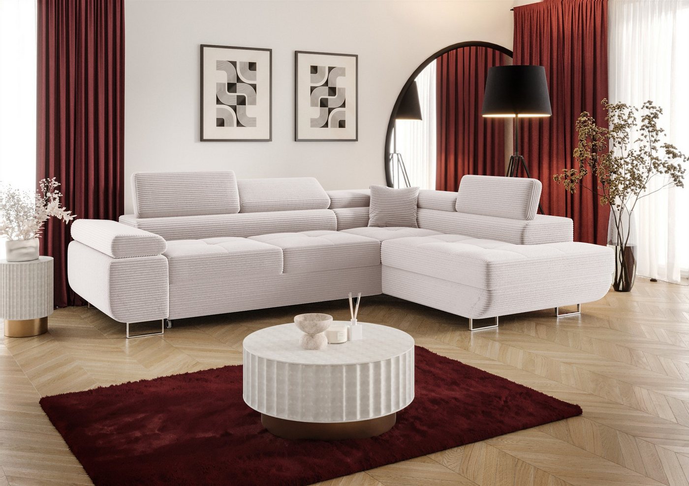 Fun Möbel Ecksofa Schlafsofa MONARO mit Ottomane in Stoff, Bettkasten, Kopfstützen verstellbar von Fun Möbel