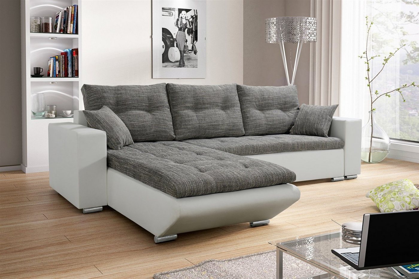 Fun Möbel Ecksofa Ecksofa Sofa NINO mit Schlaffunktion, Inkl. Zierkissen und Rückenkissen von Fun Möbel