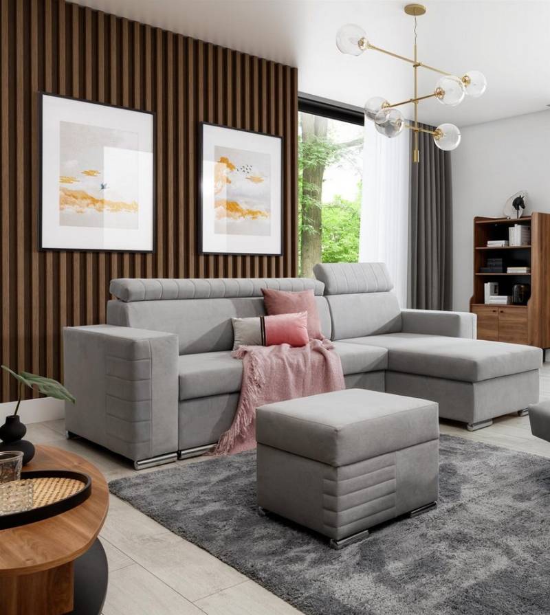 Fun Möbel Ecksofa Schlafsofa CANTON in Stoff inkl. Polsterhocker, Rundumbezug, Polsterhocker mit Stauraum von Fun Möbel