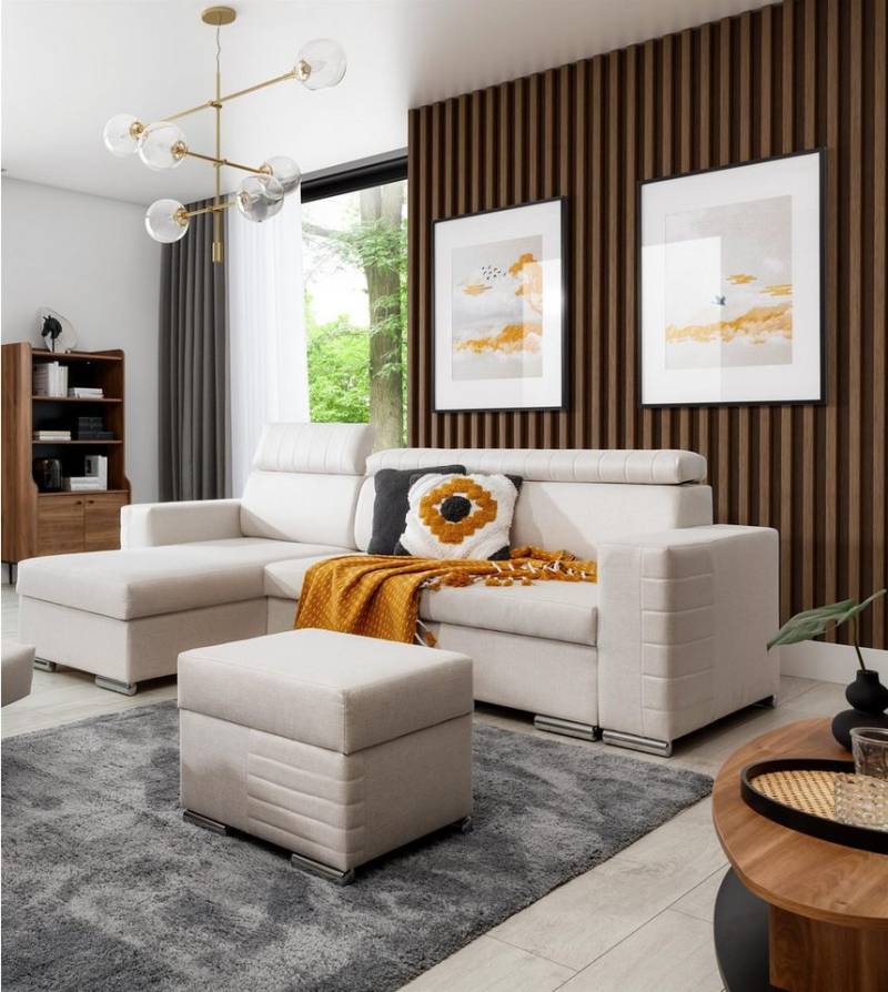 Fun Möbel Ecksofa Schlafsofa CANTON in Stoff inkl. Polsterhocker, Rundumbezug, Polsterhocker mit Stauraum von Fun Möbel