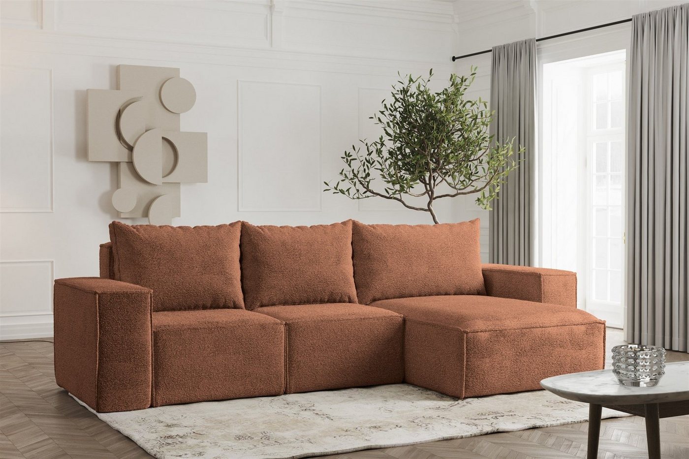 Fun Möbel Ecksofa Schlafsofa ESTELLE in Stoff, Ottomane Links oder Rechts, Rücken echt Bezogen, Bettkasten von Fun Möbel