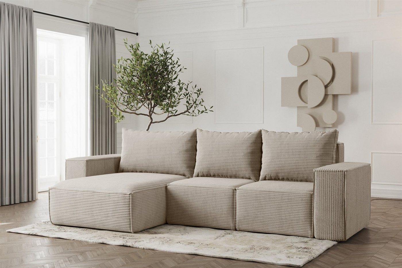 Fun Möbel Ecksofa Schlafsofa ESTELLE in Stoff, Ottomane Links oder Rechts, Rücken echt Bezogen von Fun Möbel
