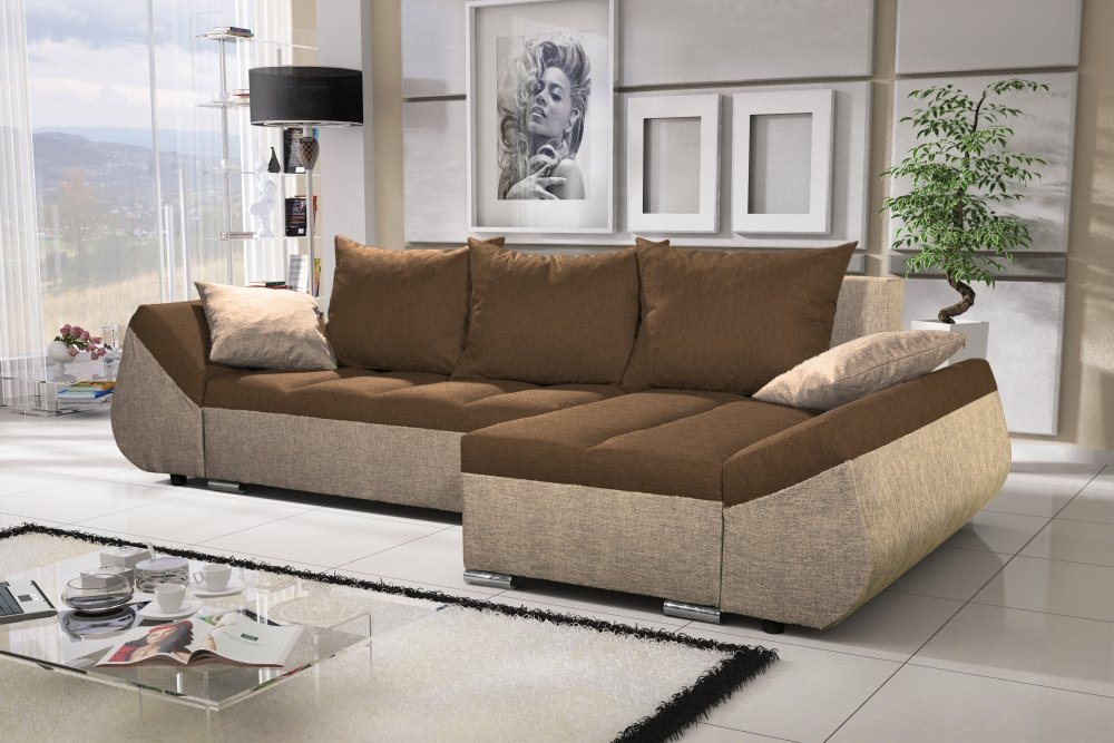 Fun Möbel Ecksofa Schlafsofa Sofa KLEO in Stoff mit Ottomane, inkl. Rückenkissen und Zierkissen, Mit Bettkasten von Fun Möbel