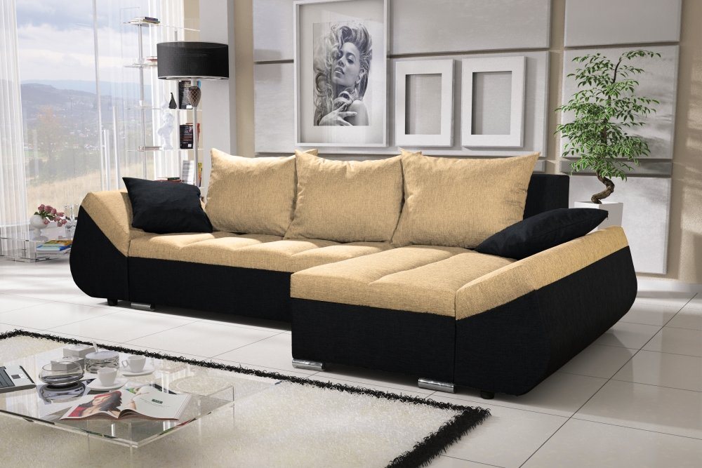 Fun Möbel Ecksofa Schlafsofa Sofa KLEO in Stoff mit Ottomane, inkl. Rückenkissen und Zierkissen, Mit Bettkasten von Fun Möbel