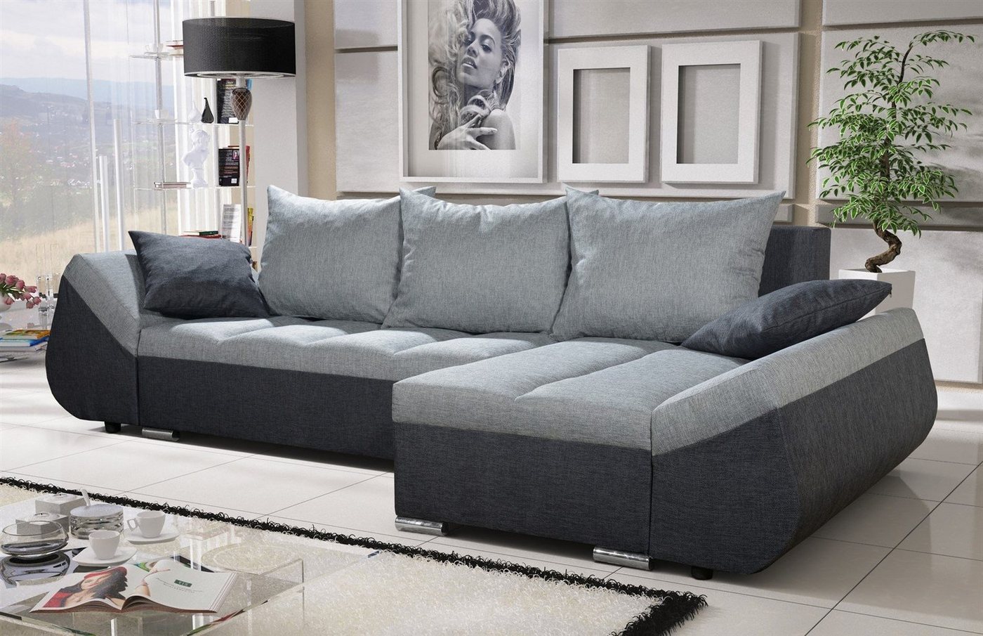 Fun Möbel Ecksofa Schlafsofa Sofa KLEO in Stoff mit Ottomane, inkl. Rückenkissen und Zierkissen, Mit Bettkasten von Fun Möbel