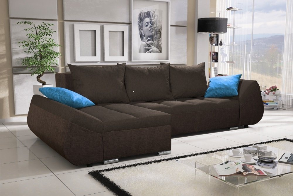 Fun Möbel Ecksofa Schlafsofa Sofa KLEO in Stoff mit Ottomane, inkl. Rückenkissen und Zierkissen, Mit Bettkasten von Fun Möbel