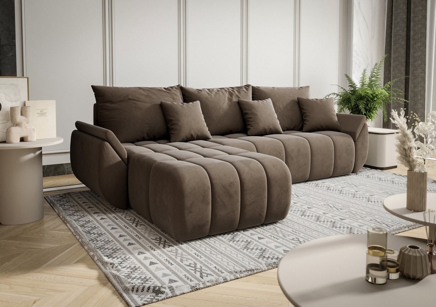 Fun Möbel Ecksofa Schlafsofa Sofa Louise in Stoff Monolith, Ottomane Links oder Rechts, Rundumbezug und ausziehbare Liegefläche von Fun Möbel